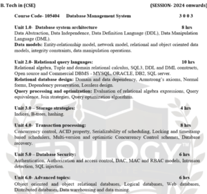 Database Management System (DBMS) Syllabus- Bihar Engineering University (BEU) B Tech CSE 4th Sem